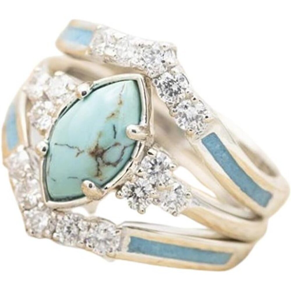 Marquise Turquoise & CZ Crystal Inlay Ring Set Stackable Bohemian Size 8 ONLY